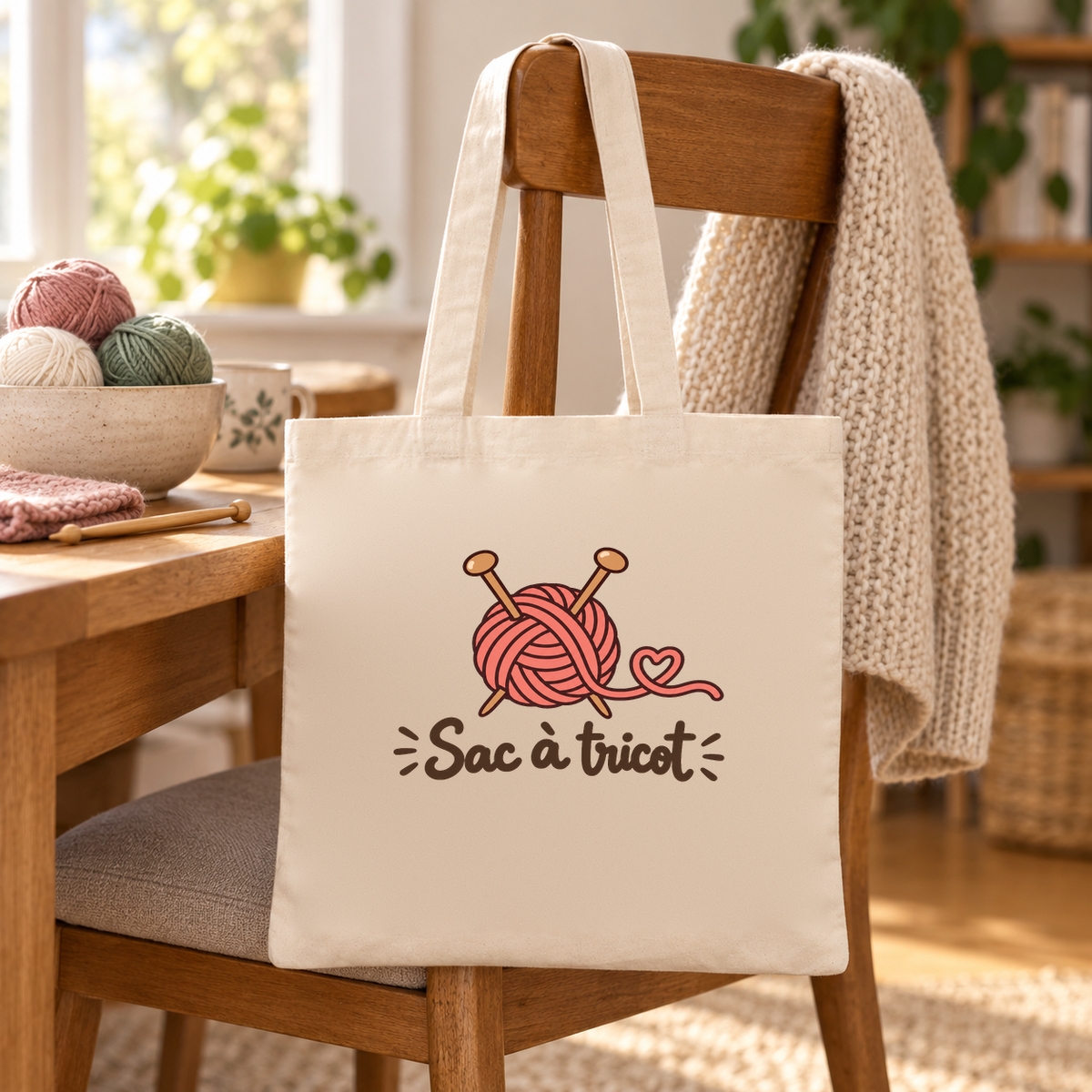 Tote bag « Sac à tricot » Essentiel suspendu à une chaise de terrasse, à côté d'un plaid et de pelotes de laine