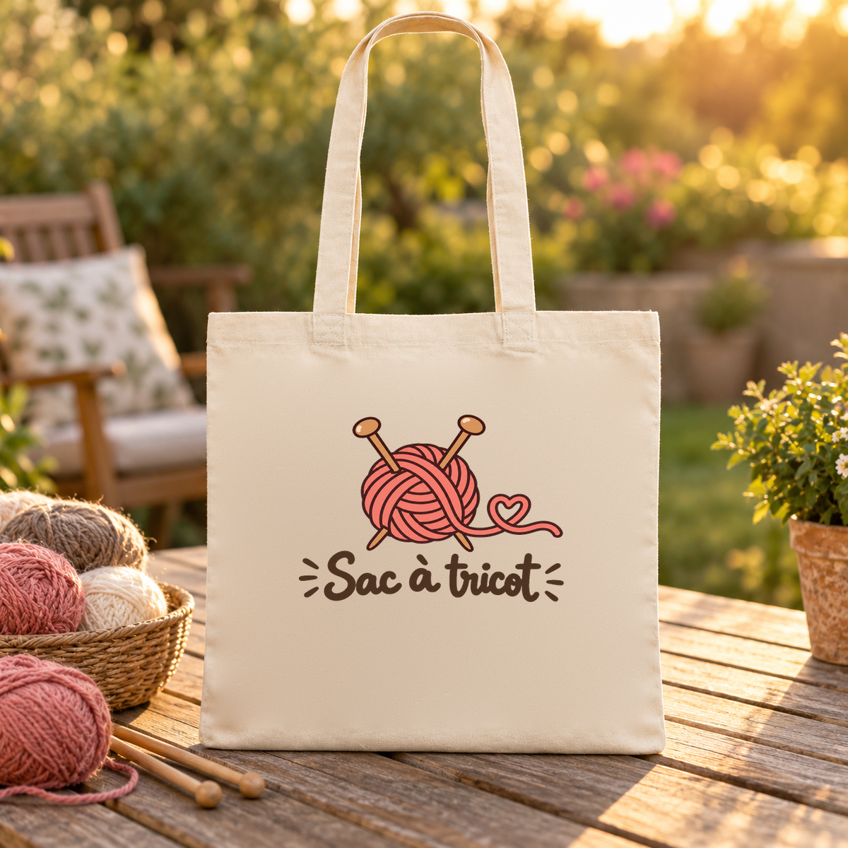 Tote bag « Sac à tricot » Essentiel posé sur une table de jardin au coucher du soleil, à côté de pelotes et d'aiguilles