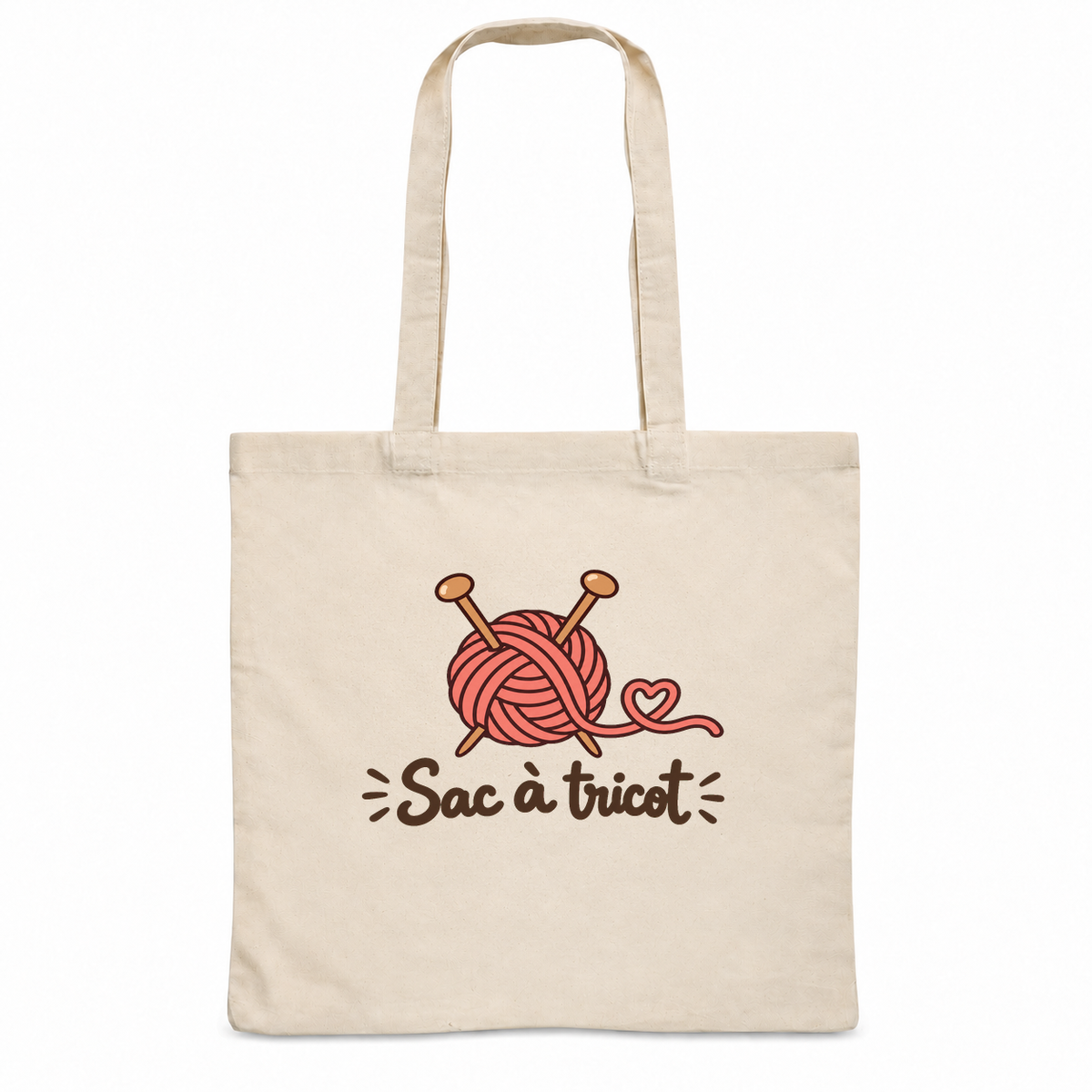 Tote bag « Sac à tricot » Essentiel, sac plat en coton naturel 140 g/m² de 38 × 42 cm, dessin naïf d'une pelote de laine et de deux aiguilles