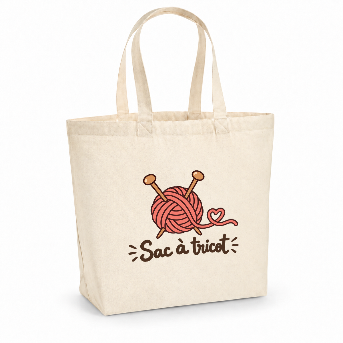Tote bag « Sac à tricot » Premium, cabas à soufflet en coton naturel 200 g/m² de 18 litres, dessin naïf d'une pelote de laine et de deux aiguilles