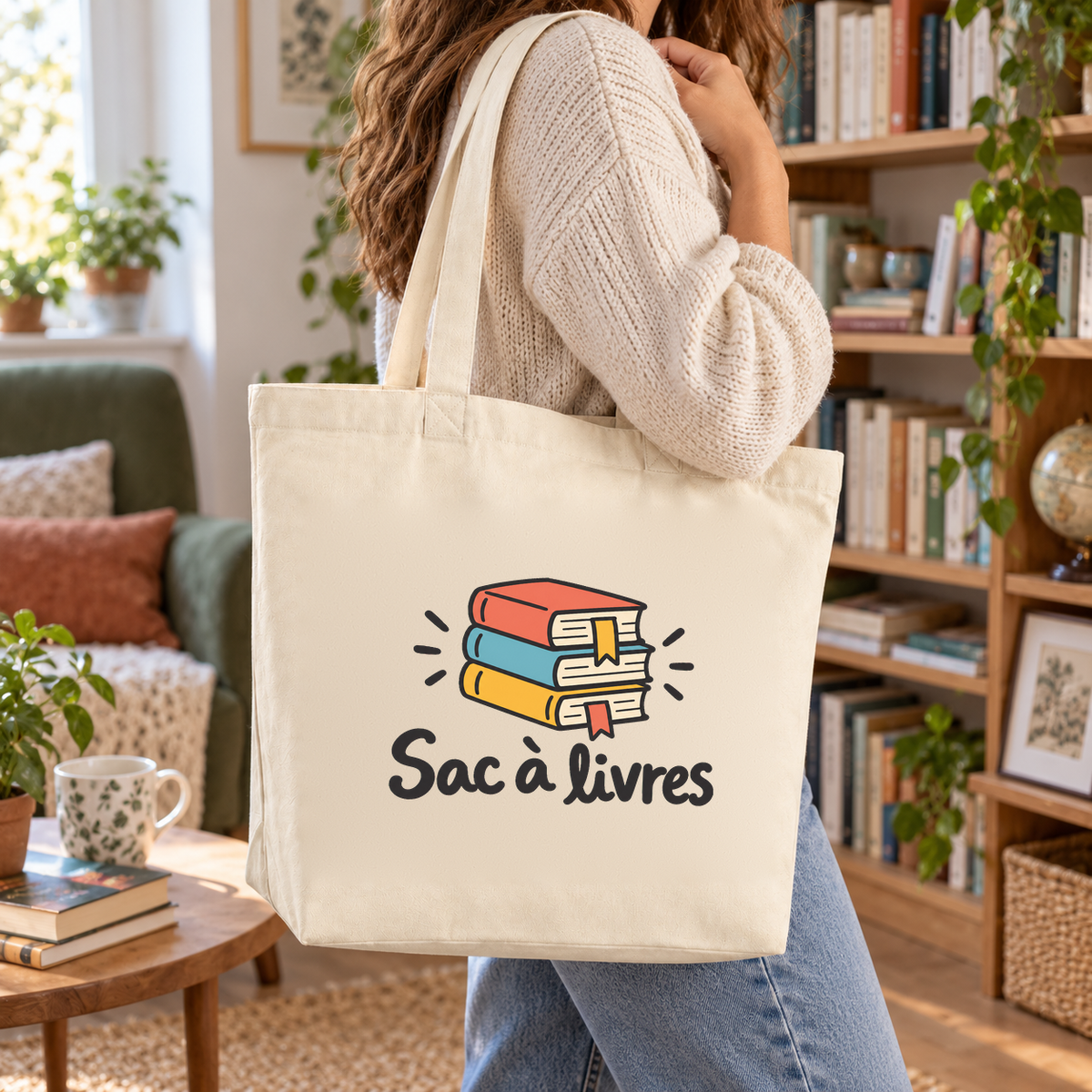 Tote bag « Sac à livres » Premium porté à l'épaule dans un salon aux murs couverts de livres