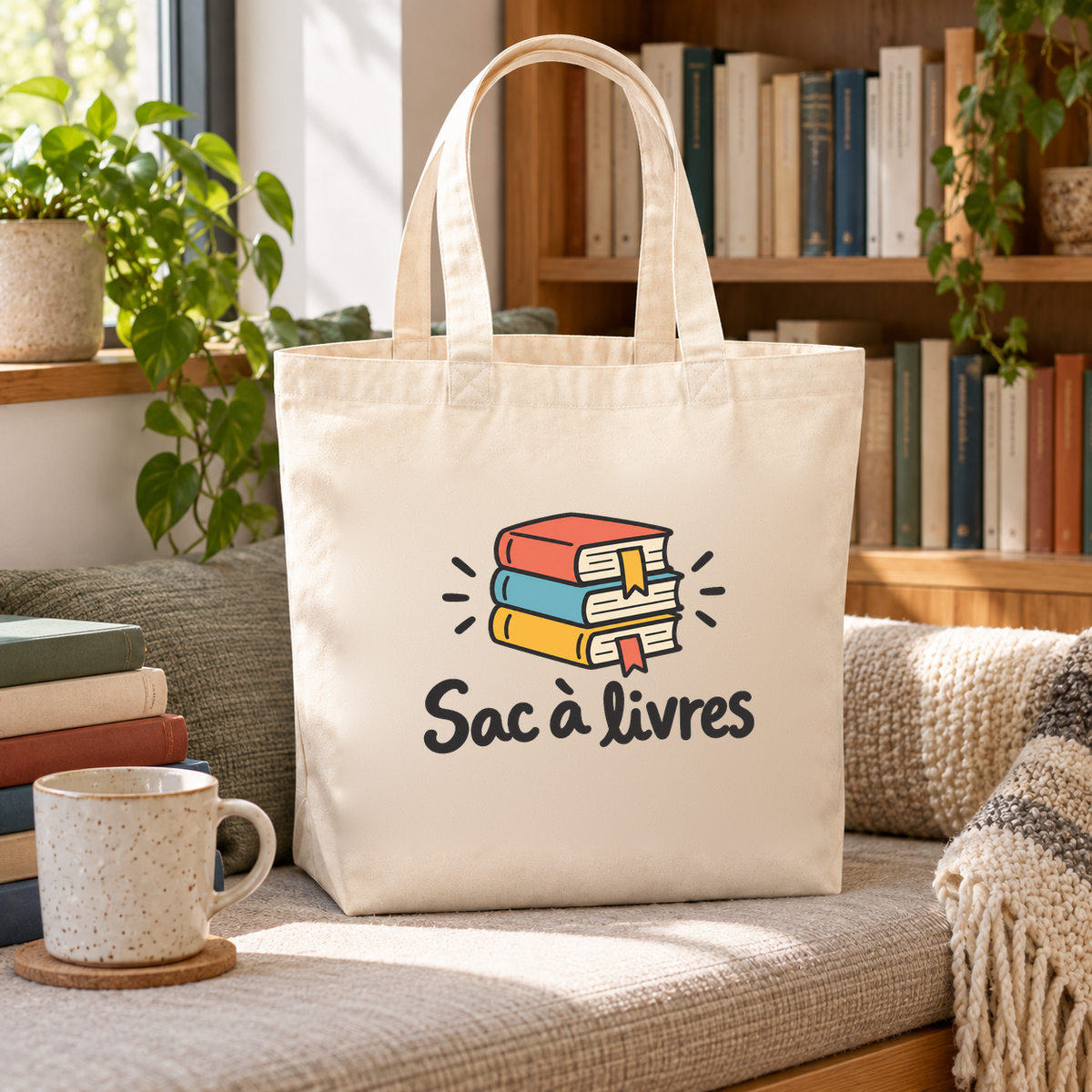 Tote bag « Sac à livres » Premium posé sur une banquette près d'une bibliothèque, à côté d'une tasse