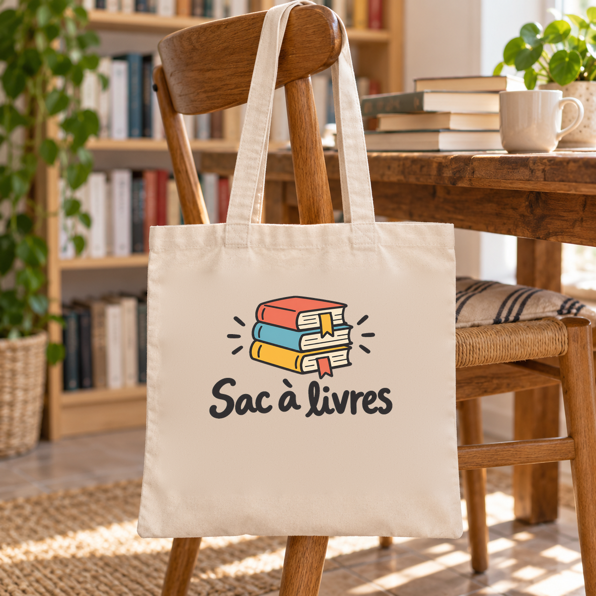 Tote bag « Sac à livres » Essentiel suspendu à une chaise en bois devant une bibliothèque