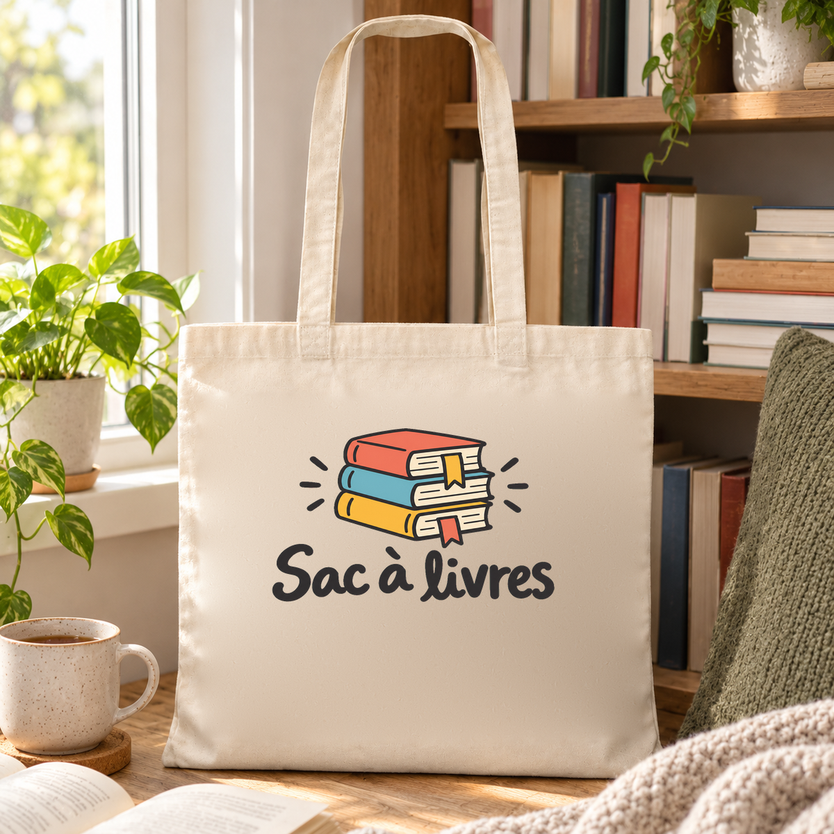 Tote bag « Sac à livres » Essentiel posé sur une banquette près de la fenêtre, à côté d'une tasse et d'un plaid