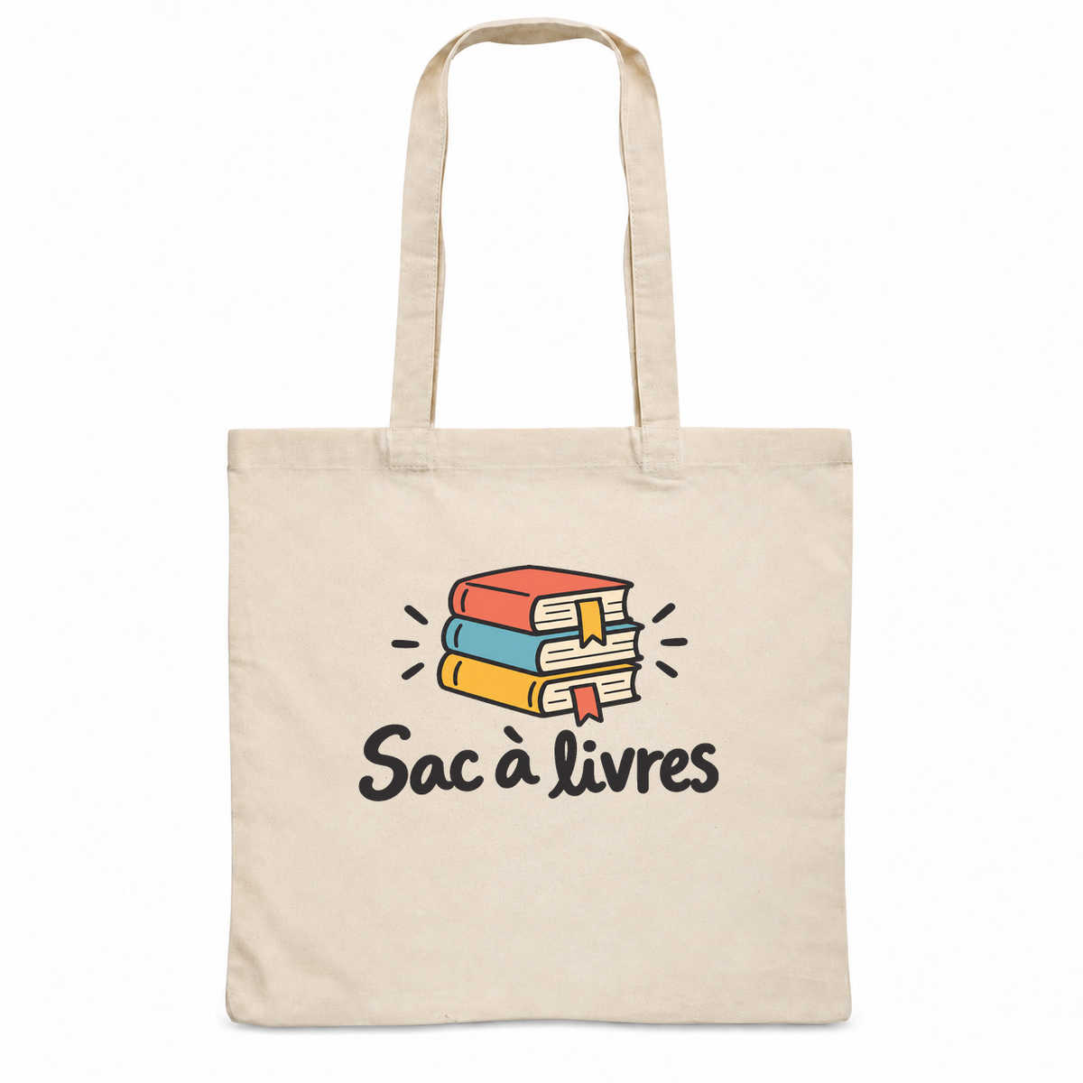 Tote bag « Sac à livres » Essentiel, sac plat en coton naturel 140 g/m² de 38 × 42 cm, dessin naïf d'une pile de livres colorés