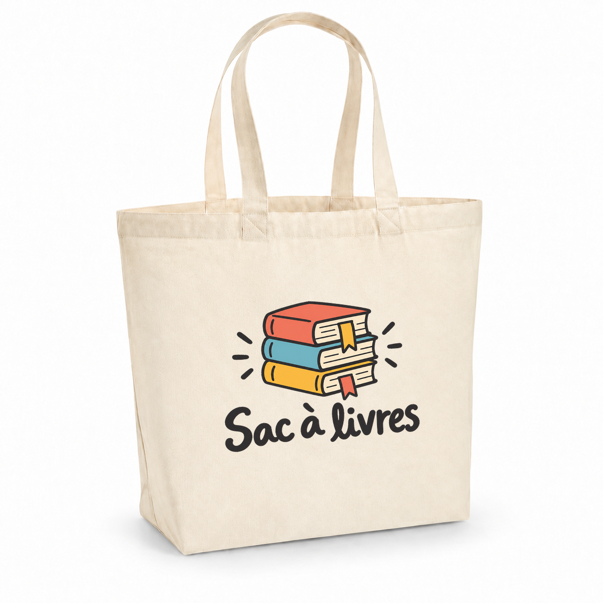 Tote bag « Sac à livres » Premium, cabas à soufflet en coton naturel 200 g/m² de 18 litres, dessin naïf d'une pile de livres colorés