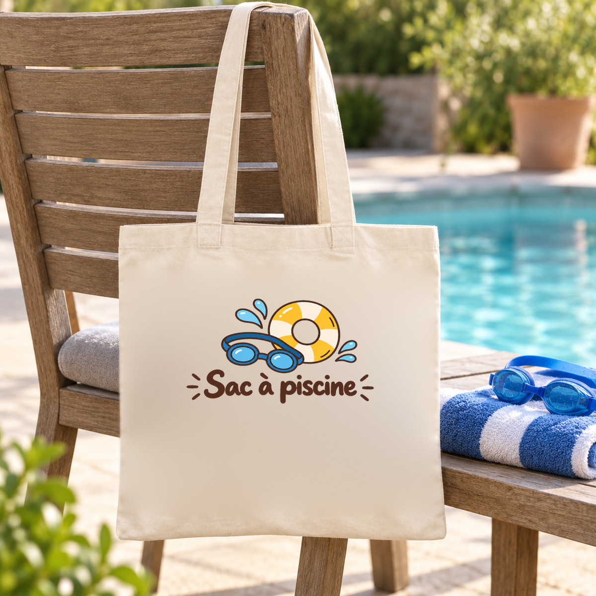 Tote bag « Sac à piscine » Essentiel suspendu à une chaise de jardin au bord de la piscine, à côté d'une serviette rayée