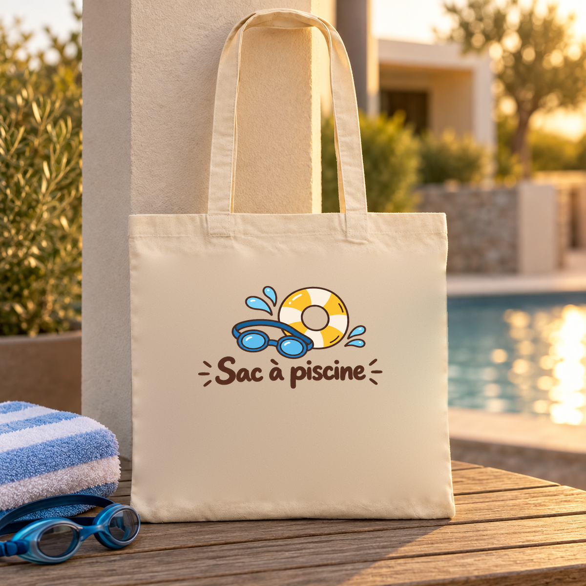 Tote bag « Sac à piscine » Essentiel posé sur une table en bois au bord de la piscine, à côté d'une serviette roulée