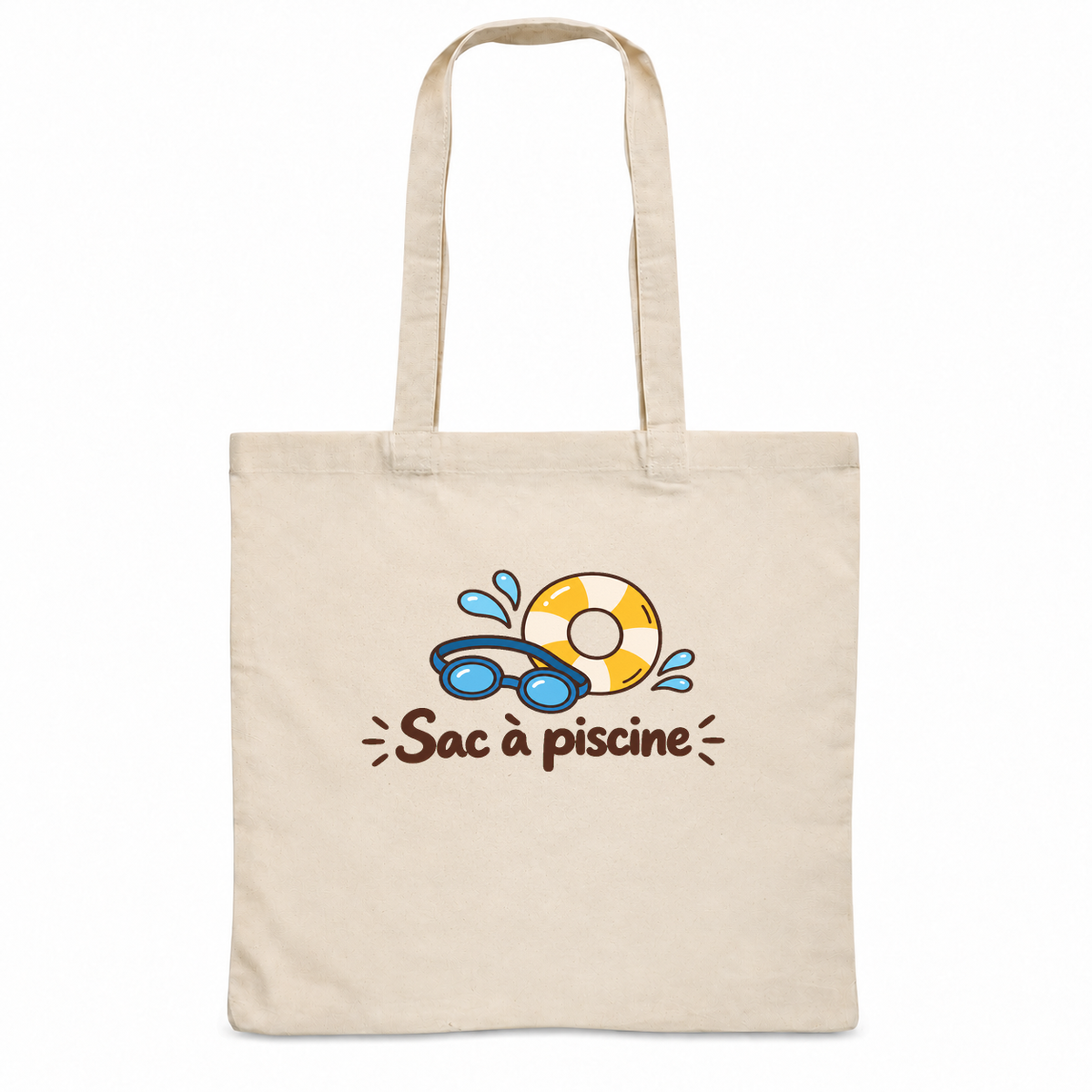 Tote bag « Sac à piscine » Essentiel, sac plat en coton naturel 140 g/m² de 38 × 42 cm, dessin naïf d'une bouée et de lunettes de natation