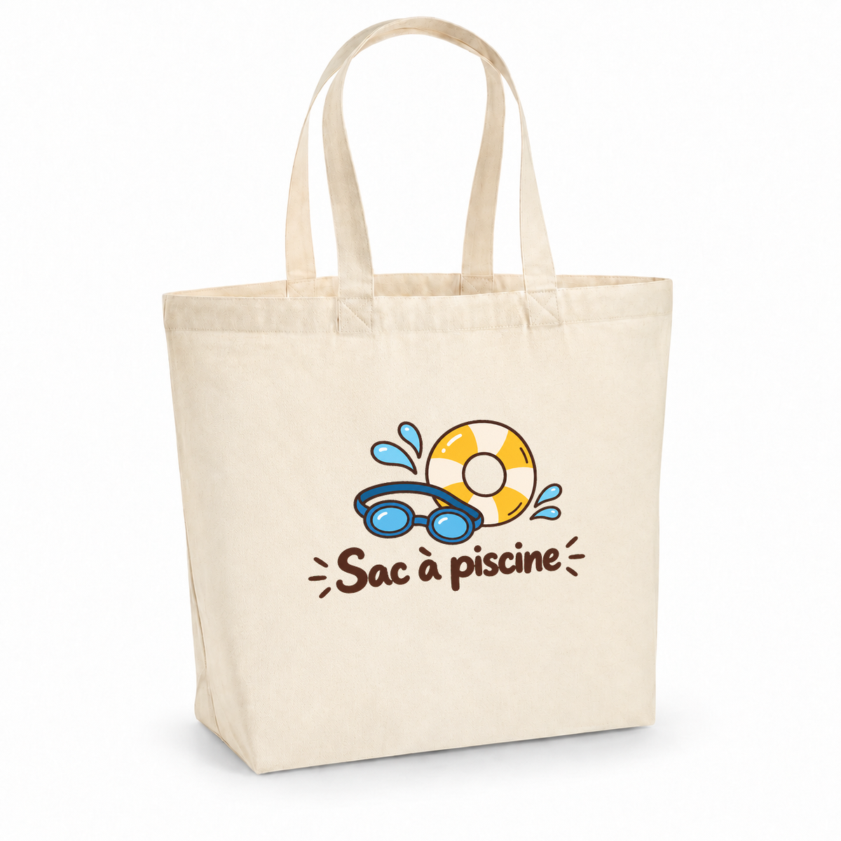 Tote bag « Sac à piscine » Premium, cabas à soufflet en coton naturel 200 g/m² de 18 litres, dessin naïf d'une bouée et de lunettes de natation