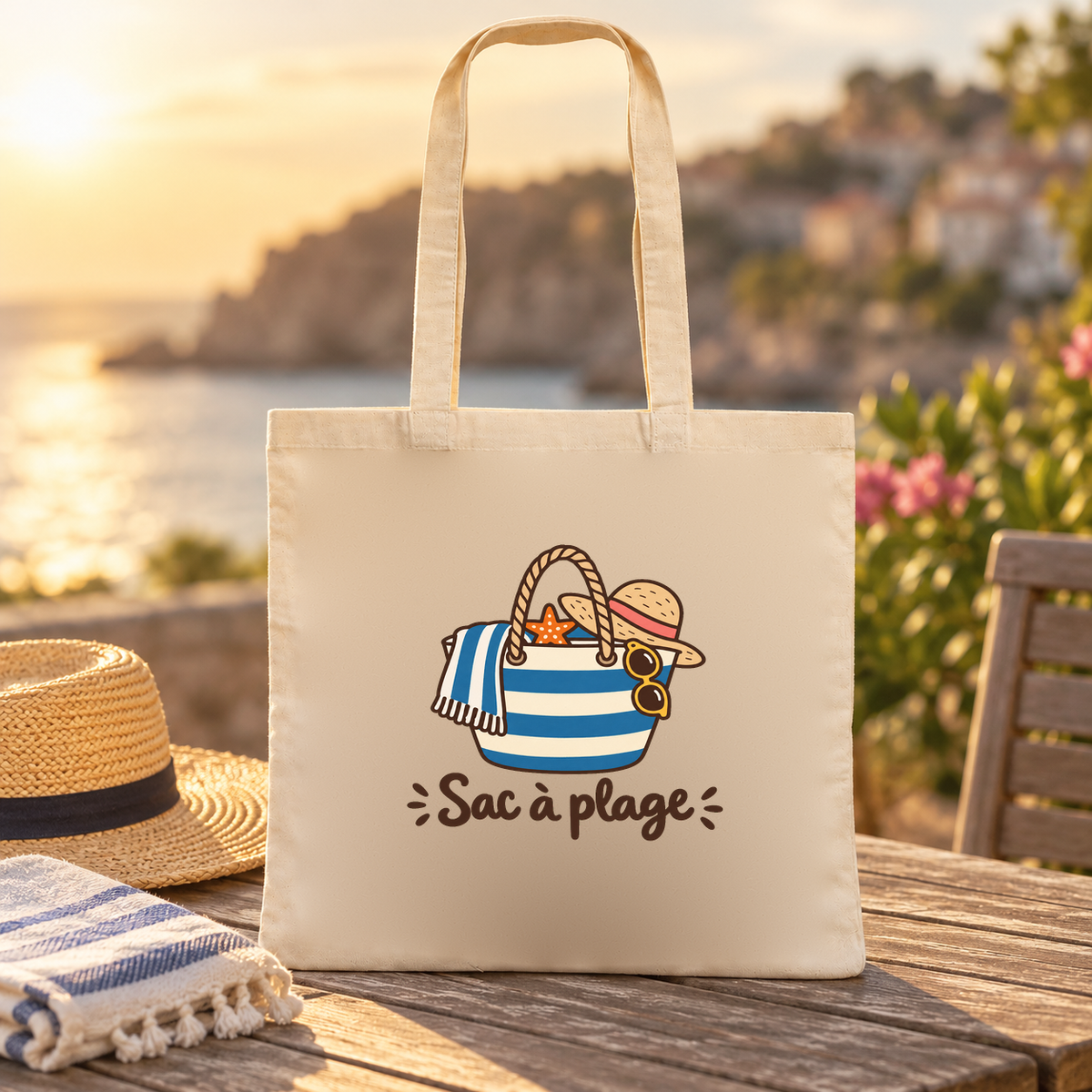 Tote bag « Sac à plage » Essentiel posé sur une table de terrasse au coucher du soleil, face à la mer