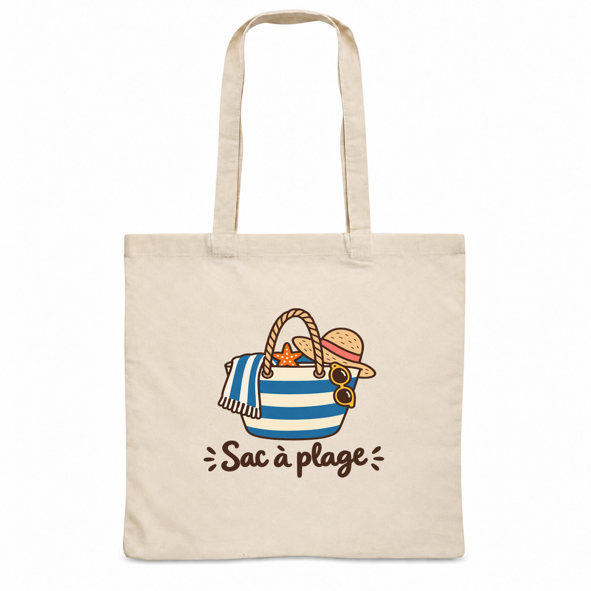Tote bag « Sac à plage » Essentiel, sac plat en coton naturel 140 g/m² de 38 × 42 cm, dessin naïf d'un panier rayé, d'un chapeau de paille et de lunettes de soleil
