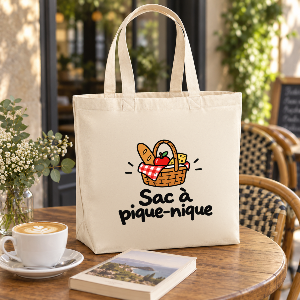 Tote bag « Sac à pique-nique » Premium posé sur une table de café, à côté d'un cappuccino et d'un livre