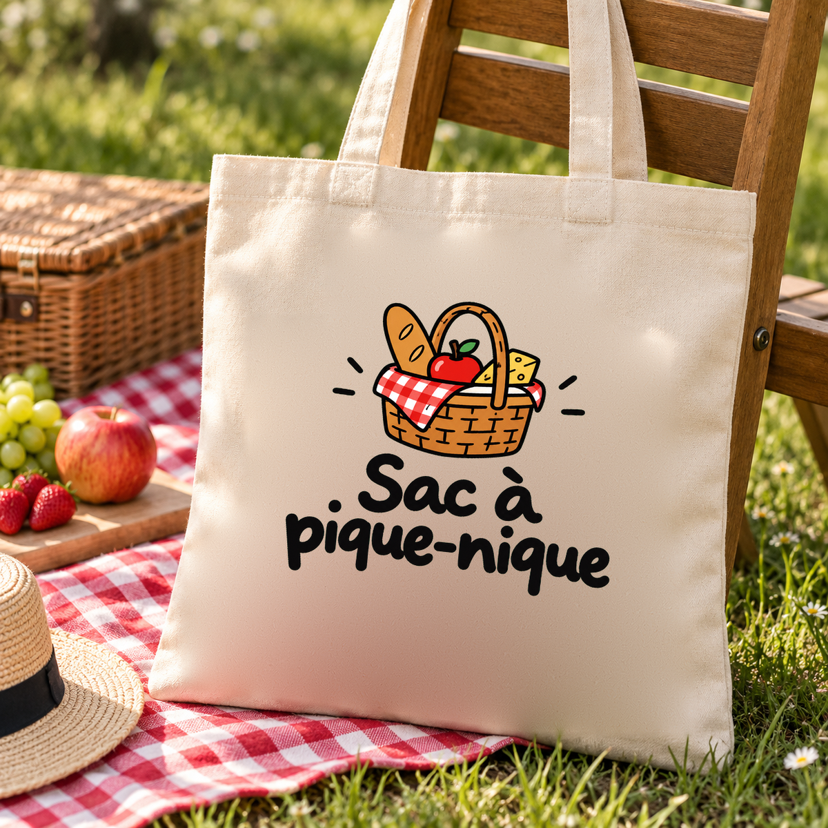Tote bag « Sac à pique-nique » Essentiel suspendu à une chaise de jardin, au-dessus d'une nappe vichy et d'un panier de pique-nique
