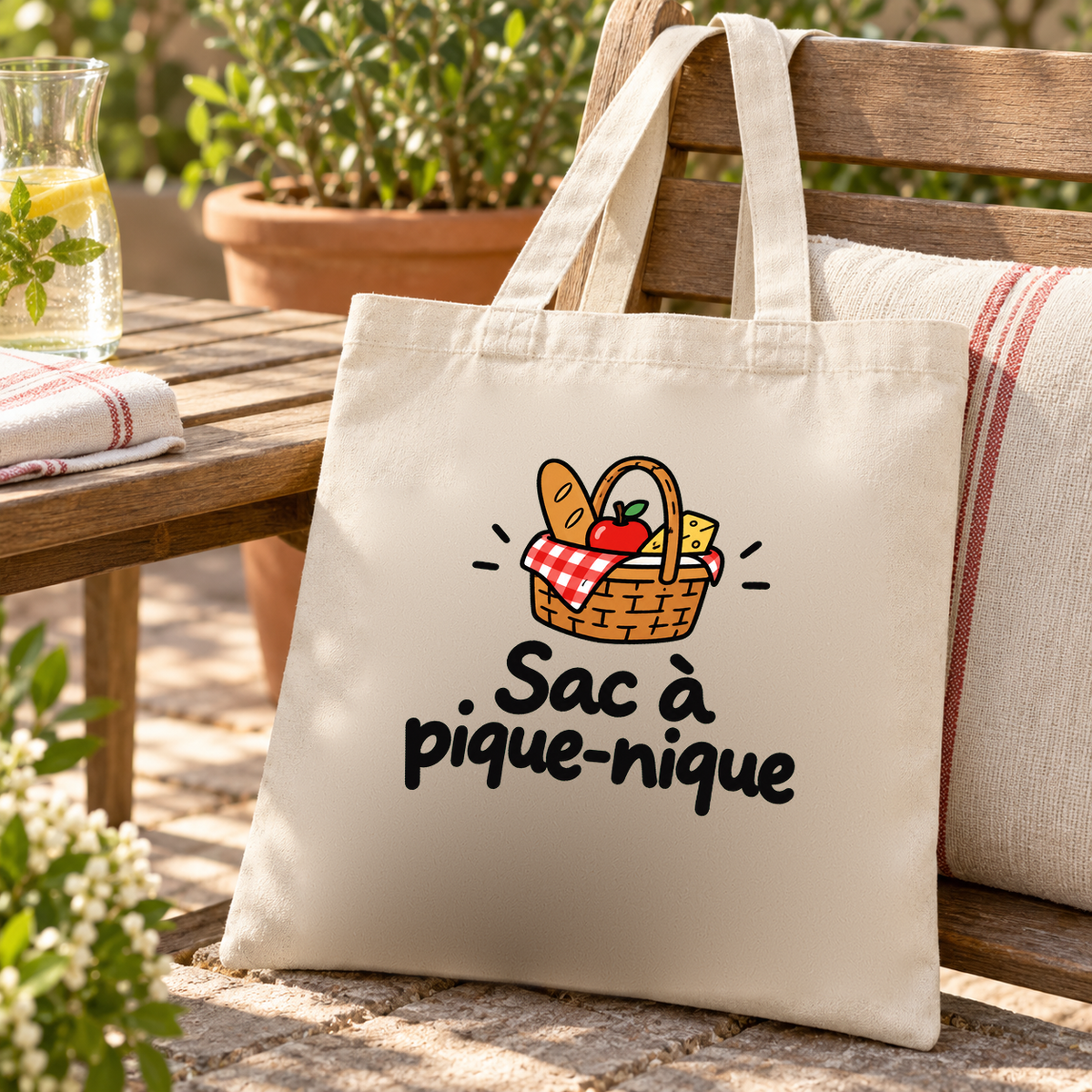Tote bag « Sac à pique-nique » Essentiel posé contre une chaise sur une terrasse de jardin, à côté d'une carafe de citronnade