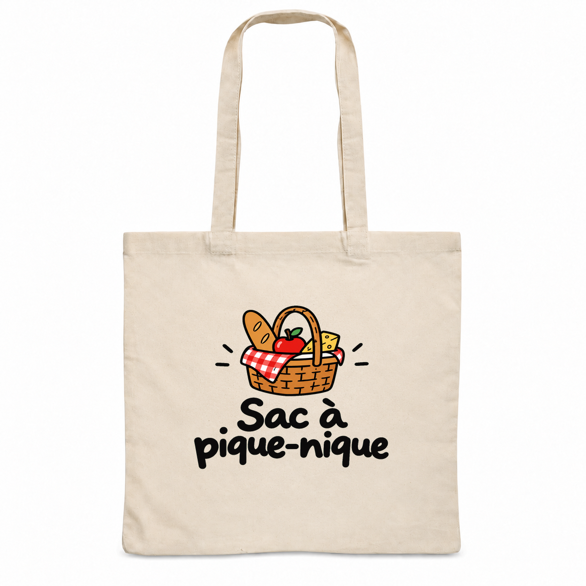 Tote bag « Sac à pique-nique » Essentiel, sac plat en coton naturel 140 g/m² de 38 × 42 cm, dessin naïf d'un panier de pique-nique garni