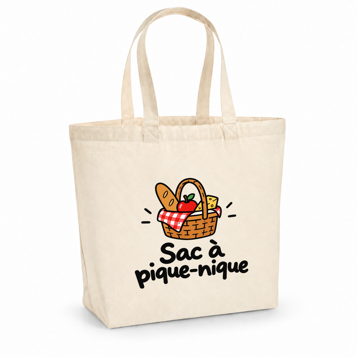 Tote bag « Sac à pique-nique » Premium, cabas à soufflet en coton naturel 200 g/m² de 18 litres, dessin naïf d'un panier de pique-nique garni