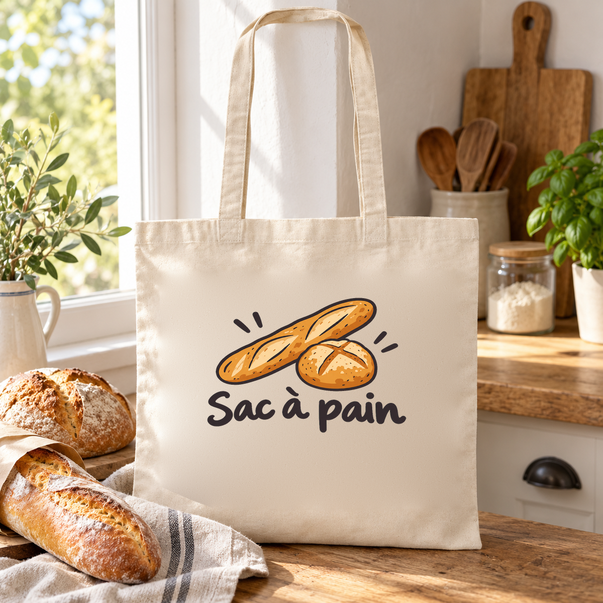 Tote bag « Sac à pain » Essentiel posé sur un plan de travail en bois, à côté de pains et d'une planche à découper