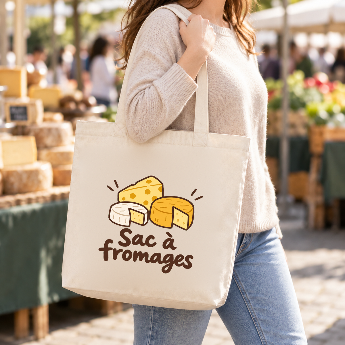 Tote bag « Sac à fromages » Premium porté à l'épaule dans une allée de marché, devant les étals de fromages