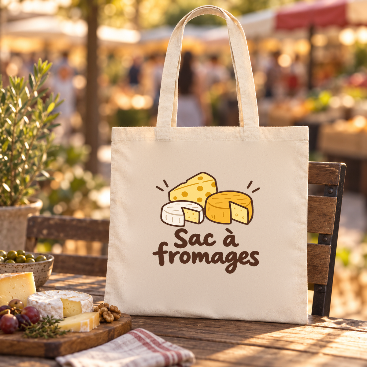 Tote bag « Sac à fromages » Essentiel posé sur une table de marché, à côté d'un plateau de fromages et de raisins