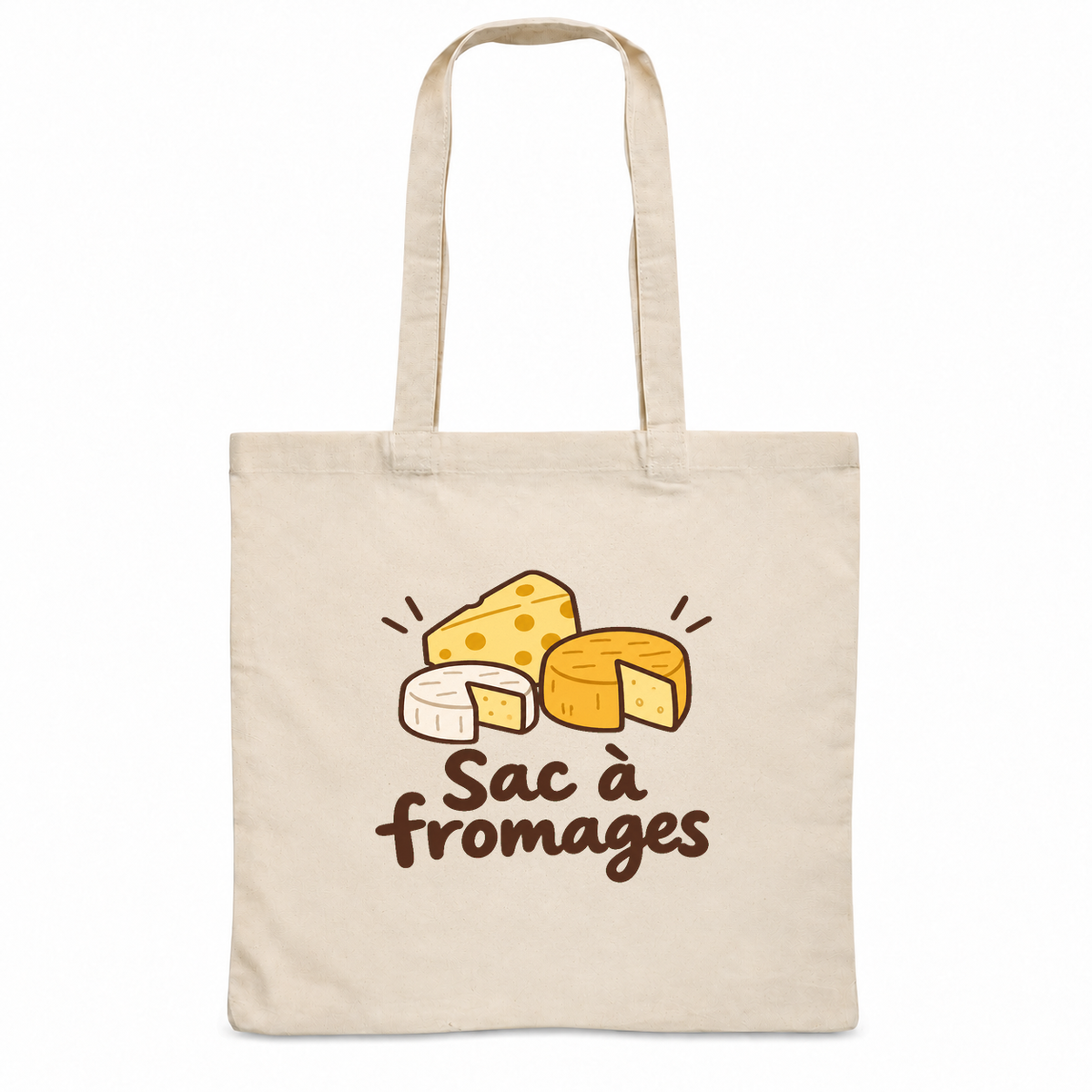 Tote bag « Sac à fromages » Essentiel, sac plat en coton naturel 140 g/m² de 38 × 42 cm, dessin naïf de trois fromages