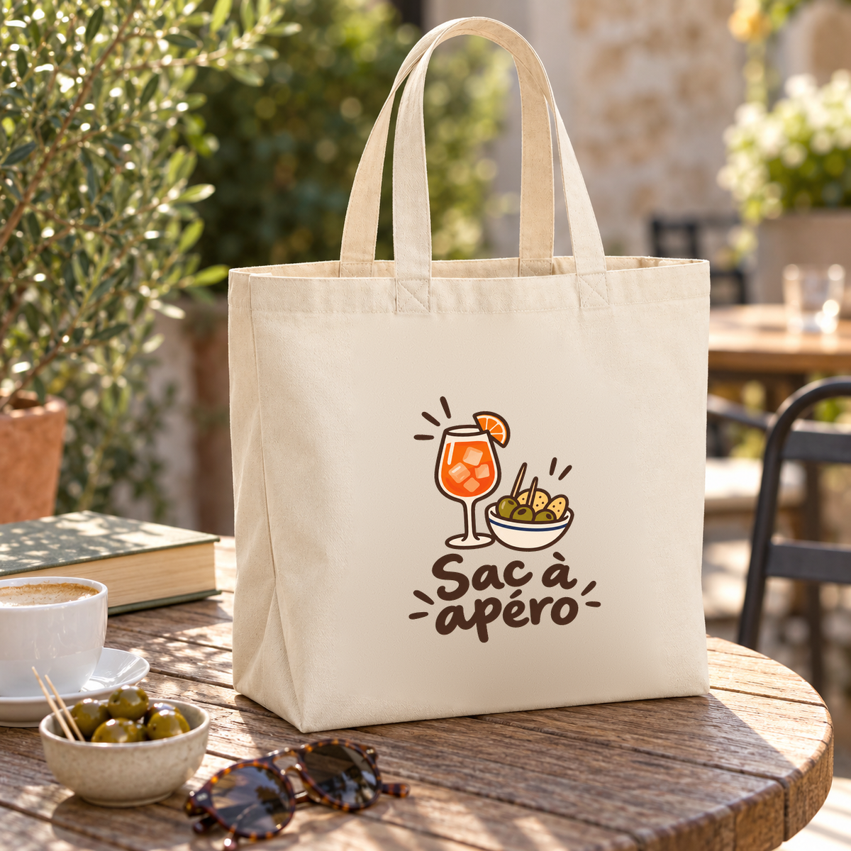 Tote bag « Sac à apéro » Premium posé sur une table de terrasse, à côté d'un bol d'olives
