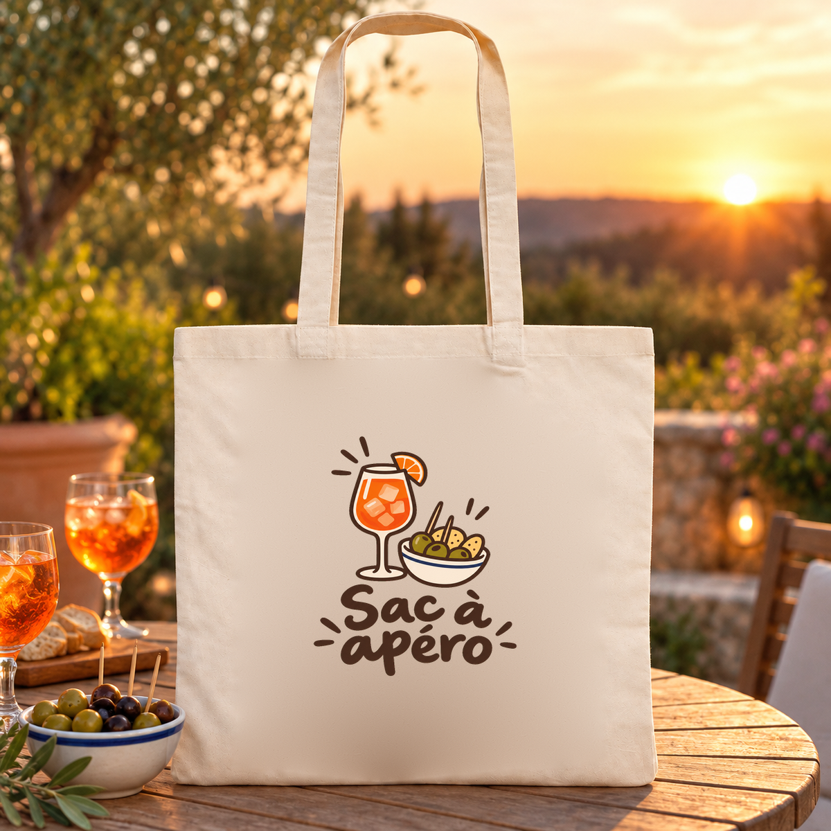Tote bag « Sac à apéro » Essentiel posé sur une table de terrasse au coucher du soleil, à côté d'un verre