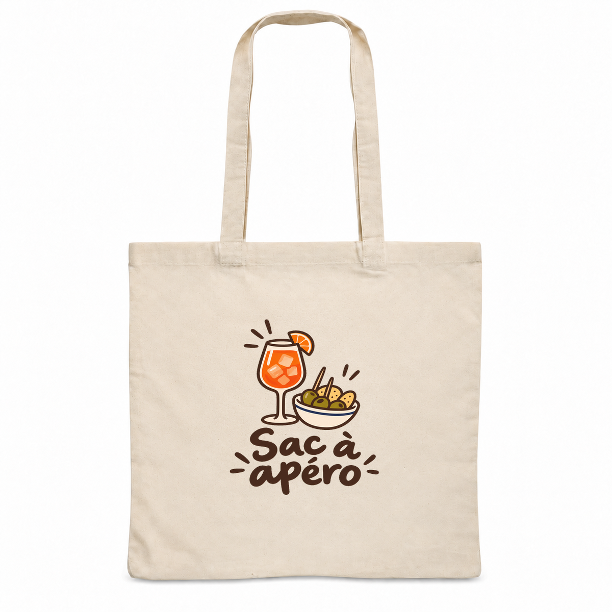 Tote bag « Sac à apéro » Essentiel, sac plat en coton naturel 140 g/m² de 38 × 42 cm, dessin naïf d'un verre orangé et d'un bol d'olives
