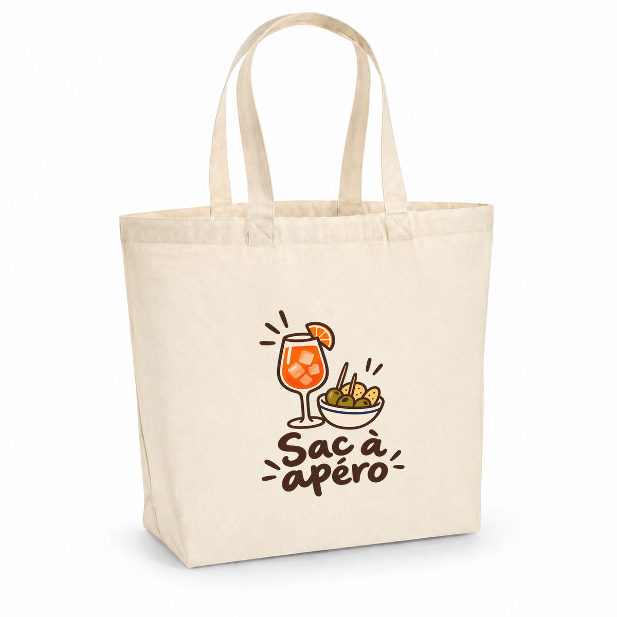 Tote bag « Sac à apéro » Premium, cabas à soufflet en coton naturel 200 g/m² de 18 litres, dessin naïf d'un verre orangé et d'un bol d'olives