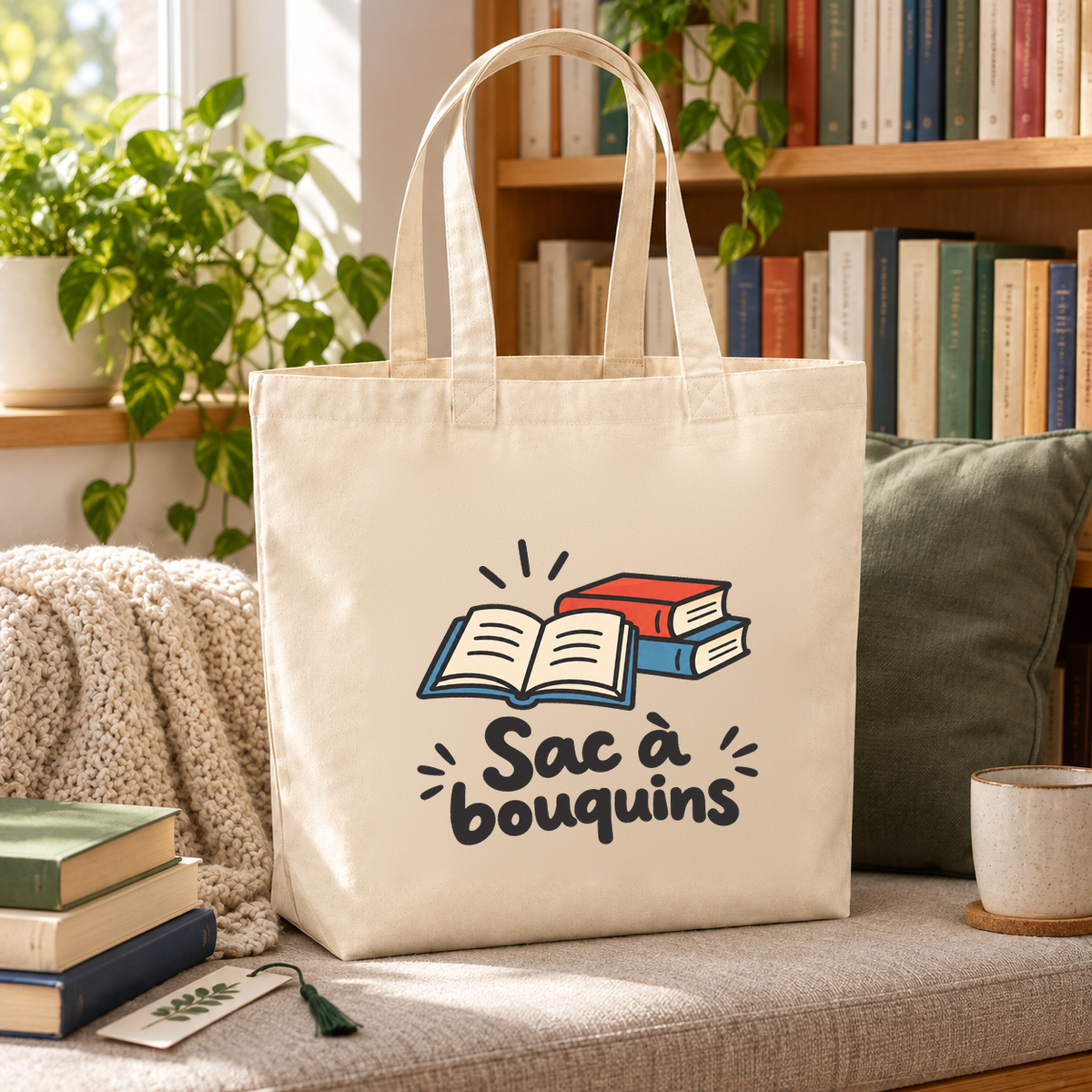 Tote bag « Sac à bouquins » Premium posé sur une banquette près d'une bibliothèque, à côté de livres et d'un plaid