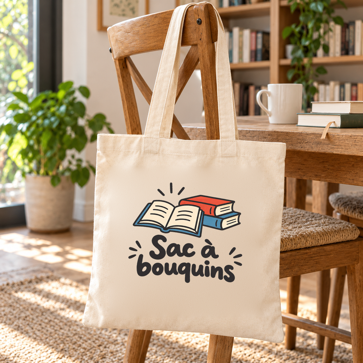 Tote bag « Sac à bouquins » Essentiel suspendu à une chaise en bois devant une bibliothèque