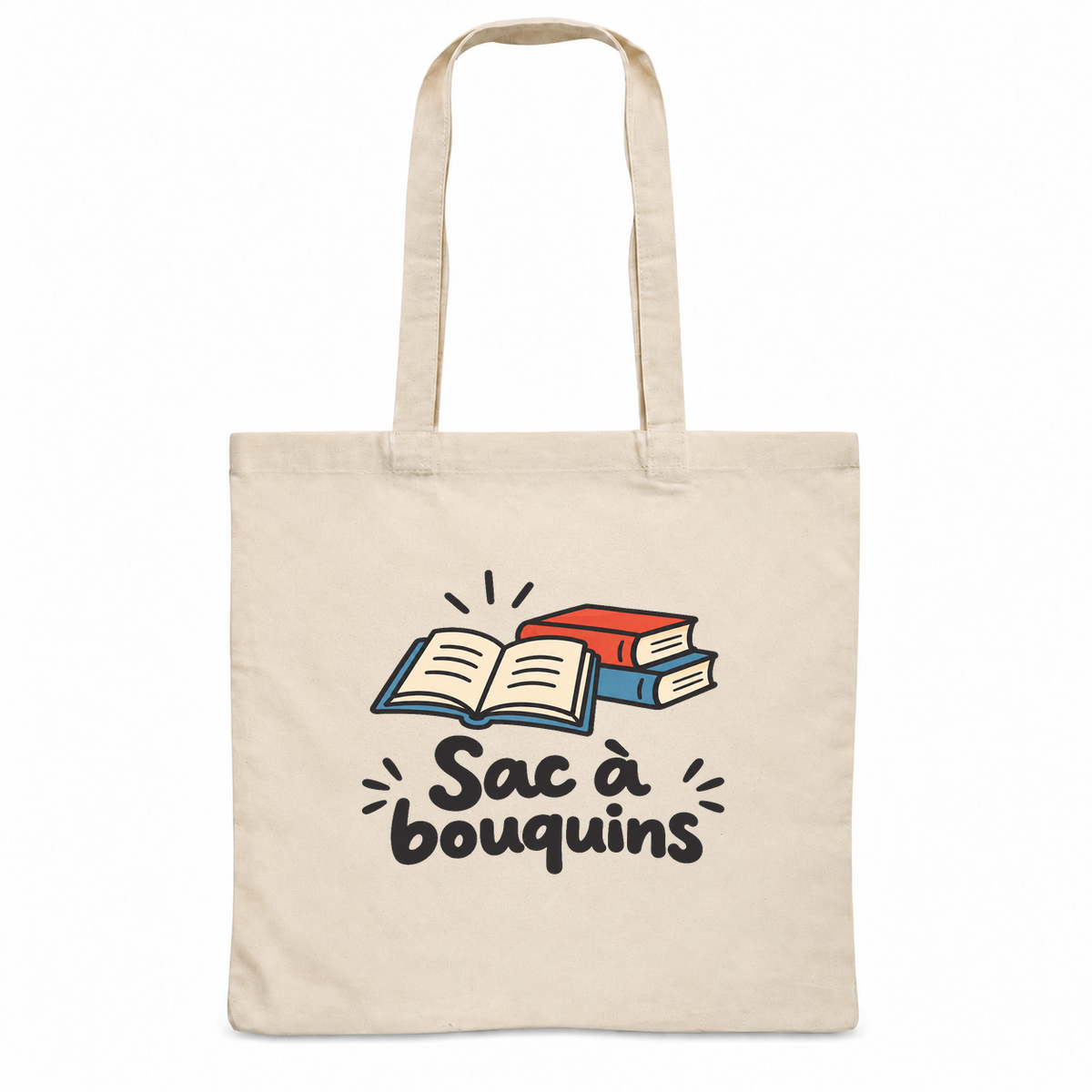 Tote bag « Sac à bouquins » Essentiel, sac plat en coton naturel 140 g/m² de 38 × 42 cm, dessin naïf d'un livre ouvert et d'une pile de livres