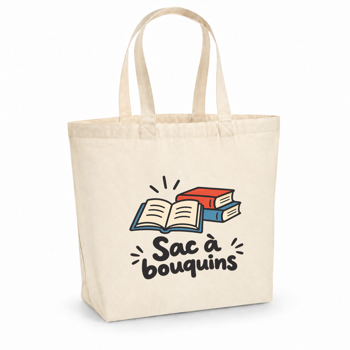 Tote bag « Sac à bouquins » Premium, cabas à soufflet en coton naturel 200 g/m² de 18 litres, dessin naïf d'un livre ouvert et d'une pile de livres