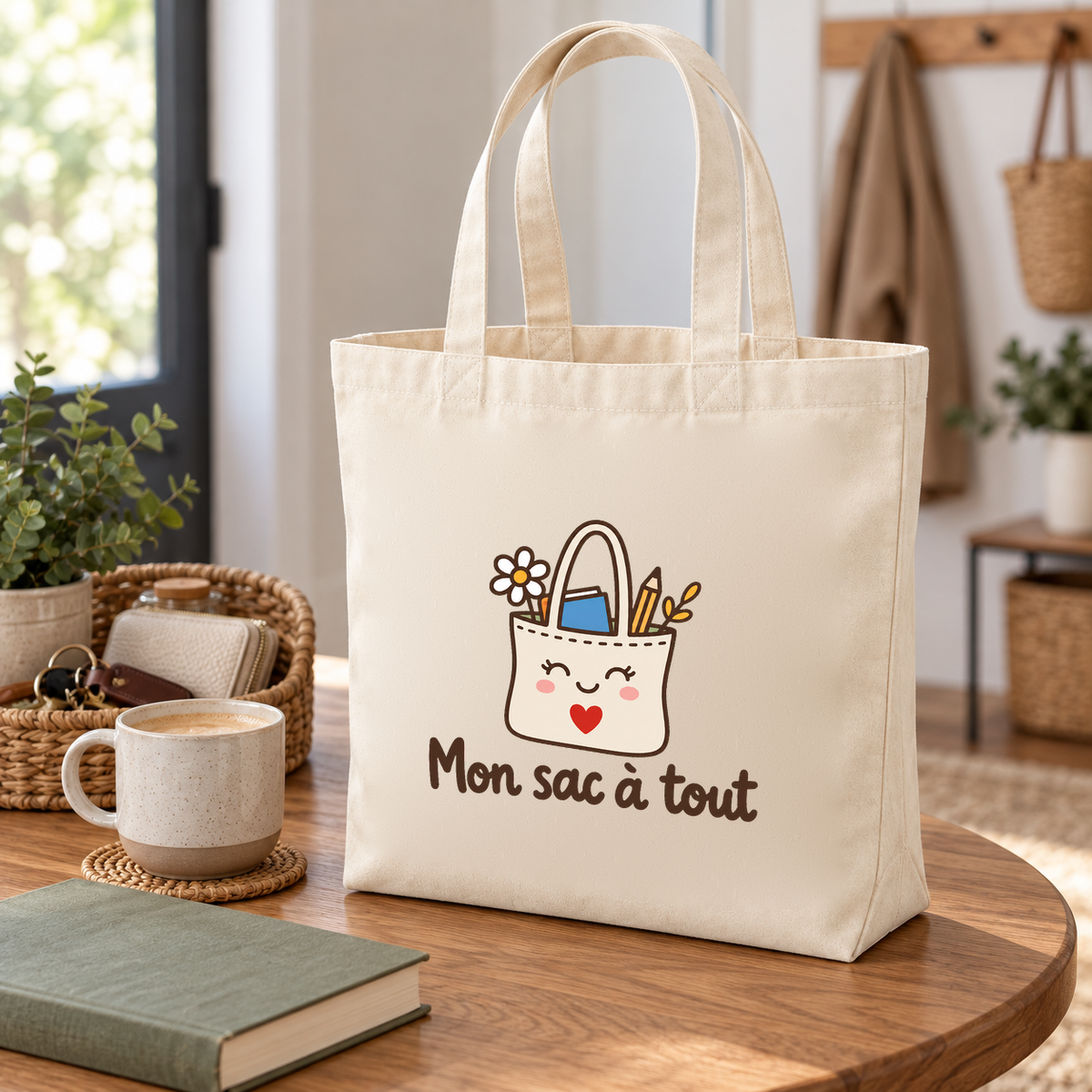 Tote bag « Mon sac à tout » Premium posé sur une table ronde en bois, à côté d'une tasse et d'un livre