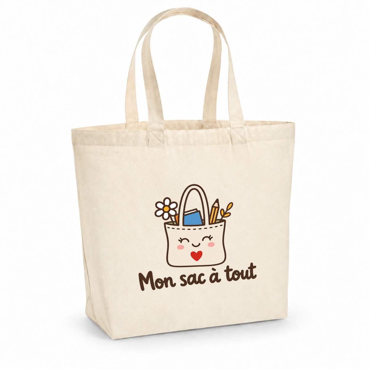 Tote bag « Mon sac à tout » Premium, cabas à soufflet en coton naturel 200 g/m² de 18 litres, dessin naïf d'un petit tote bag souriant rempli de trouvailles