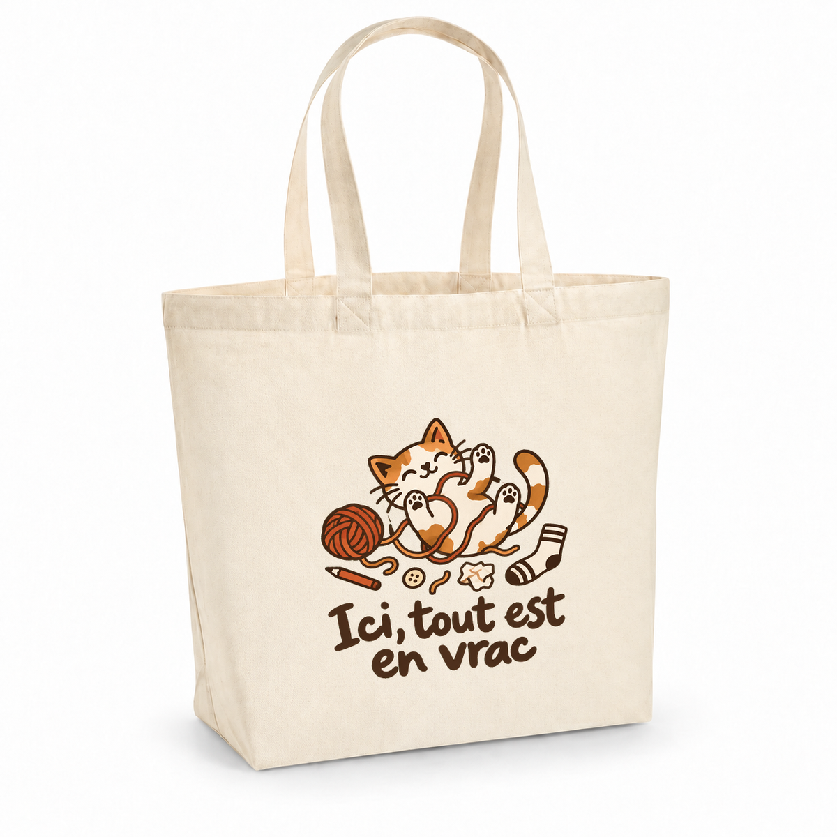 Tote bag « Ici, tout est en vrac » Premium, cabas à soufflet en coton naturel 200 g/m² de 18 litres, dessin naïf d'un chat qui joue avec une pelote au milieu d'un joyeux désordre