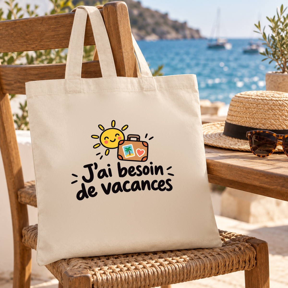 Tote bag « J'ai besoin de vacances » Essentiel suspendu à une chaise de terrasse face à la mer, à côté d'un chapeau de paille et de lunettes de soleil