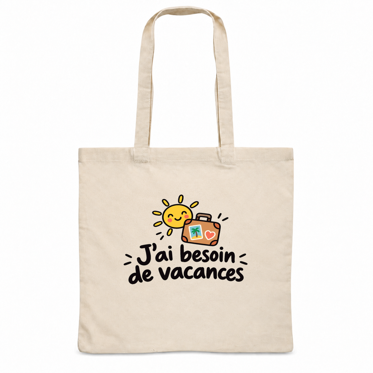 Tote bag « J'ai besoin de vacances » Essentiel, sac plat en coton naturel 140 g/m² de 38 × 42 cm, dessin naïf d'un soleil souriant et d'une valise