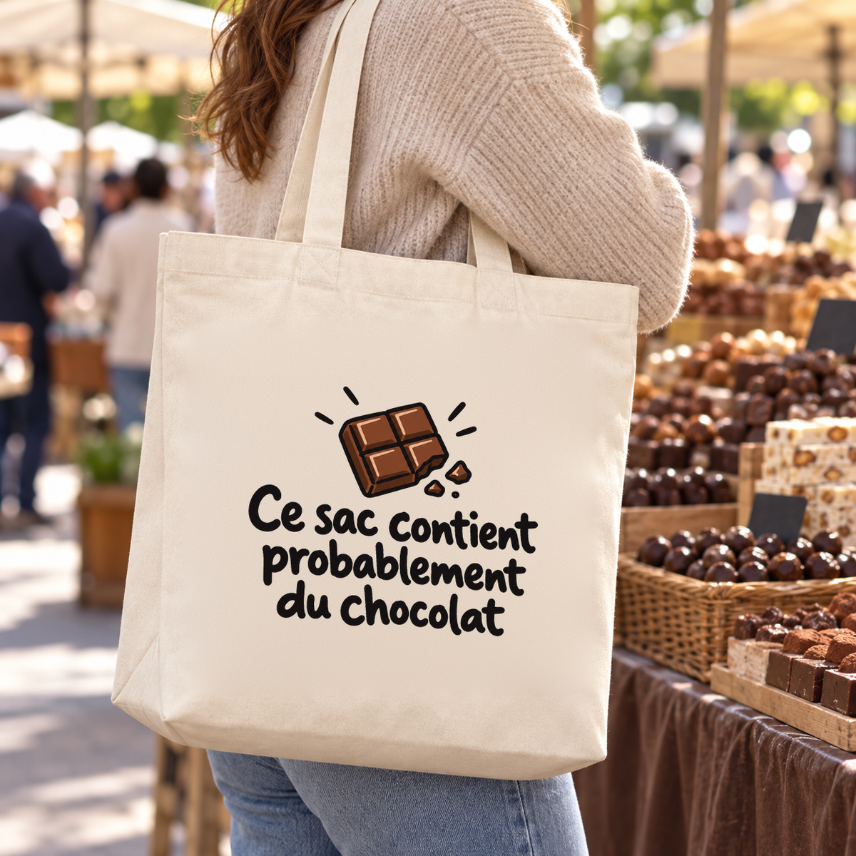 Tote bag « Ce sac contient probablement du chocolat » Premium porté à l'épaule dans une allée de marché, devant un stand de chocolats