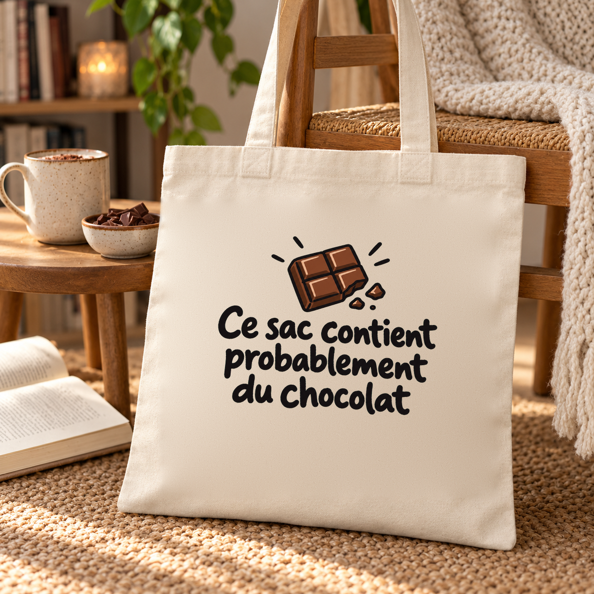 Tote bag « Ce sac contient probablement du chocolat » Essentiel posé contre une chaise dans un coin lecture, à côté d'un chocolat chaud