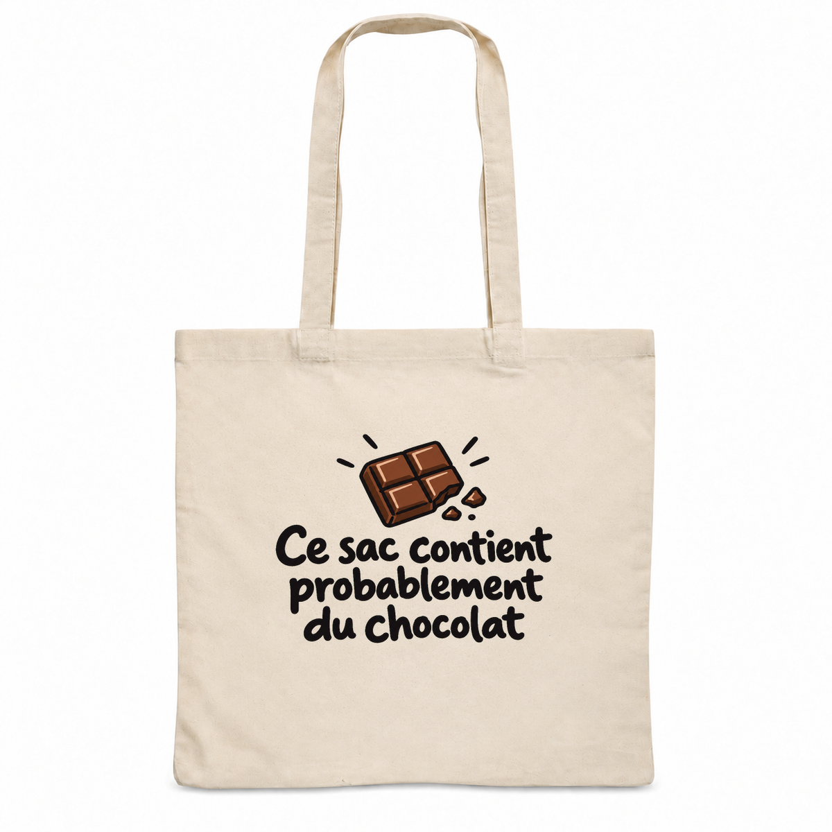 Tote bag « Ce sac contient probablement du chocolat » Essentiel, sac plat en coton naturel 140 g/m² de 38 × 42 cm, dessin naïf d'une tablette de chocolat croquée