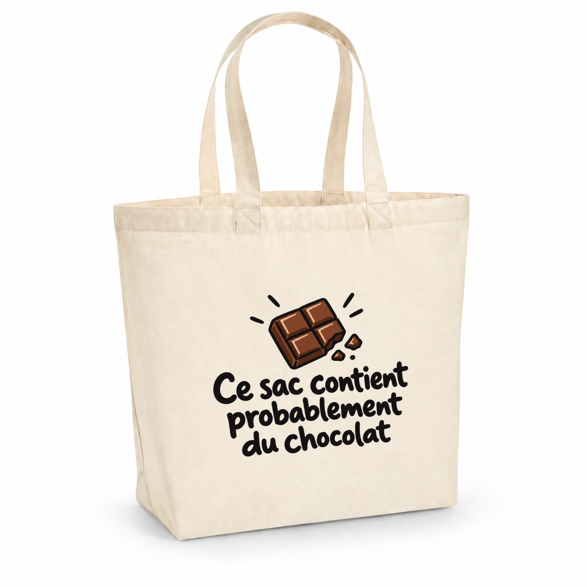 Tote bag « Ce sac contient probablement du chocolat » Premium, cabas à soufflet en coton naturel 200 g/m² de 18 litres, dessin naïf d'une tablette de chocolat croquée