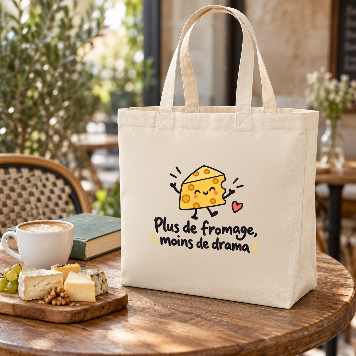 Tote bag « Plus de fromage, moins de drama » Premium posé sur une table de terrasse, à côté d'une planche de fromages et d'un café