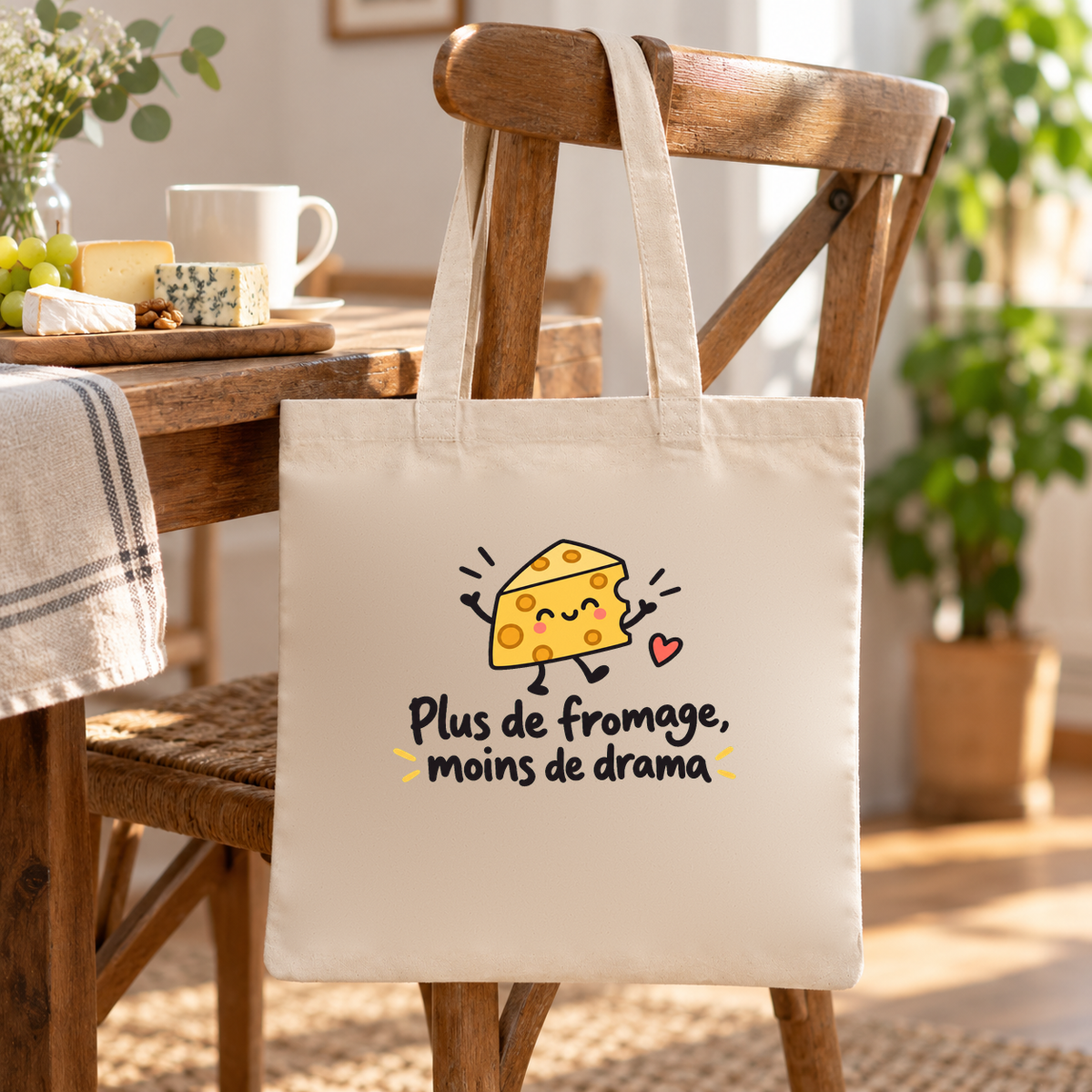 Tote bag « Plus de fromage, moins de drama » Essentiel suspendu à une chaise en bois, à côté d'une planche de fromages