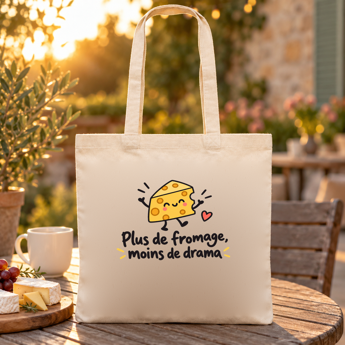 Tote bag « Plus de fromage, moins de drama » Essentiel posé sur une table de terrasse au coucher du soleil, à côté de fromages et d'une tasse