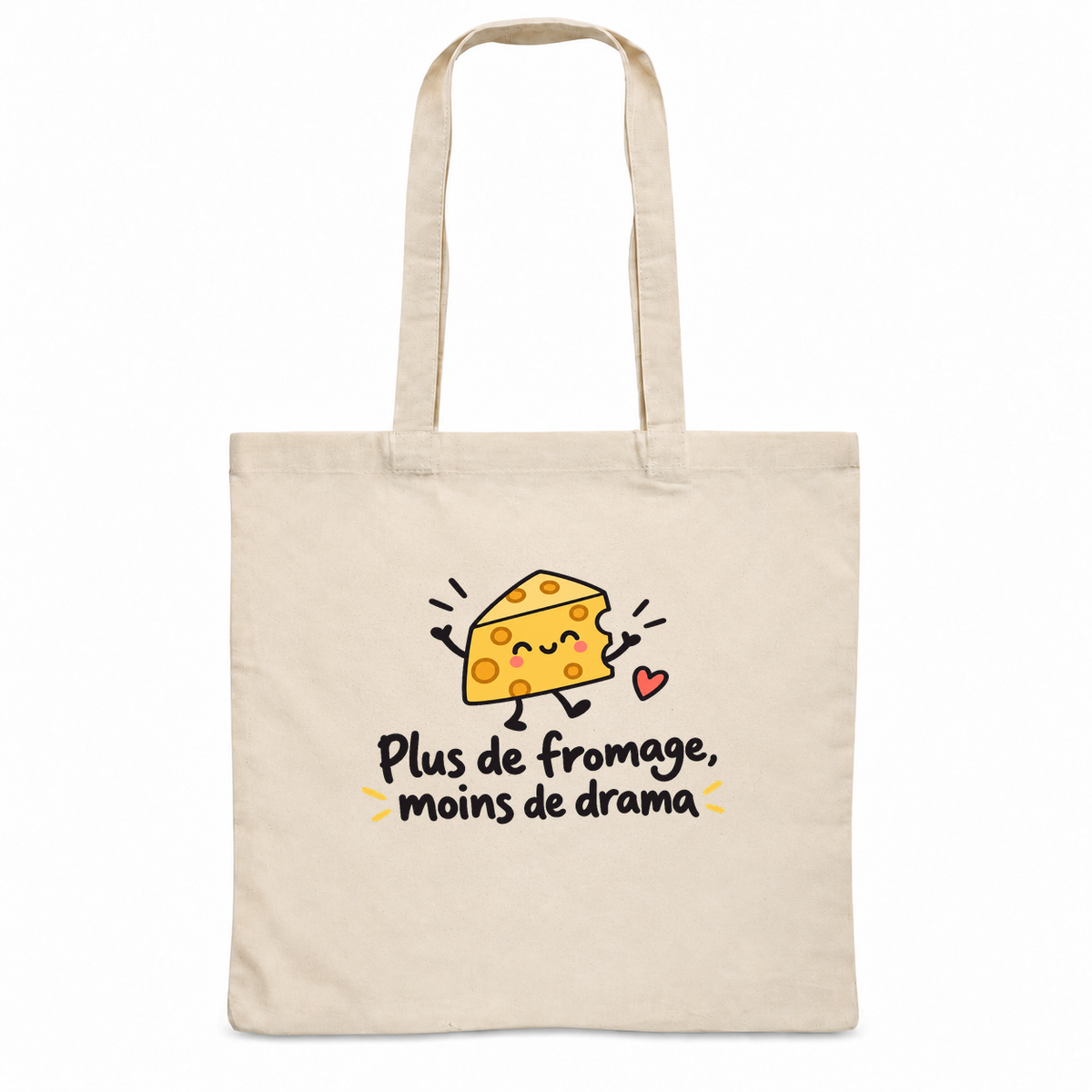 Tote bag « Plus de fromage, moins de drama » Essentiel, sac plat en coton naturel 140 g/m² de 38 × 42 cm, dessin naïf d'un morceau de fromage qui danse