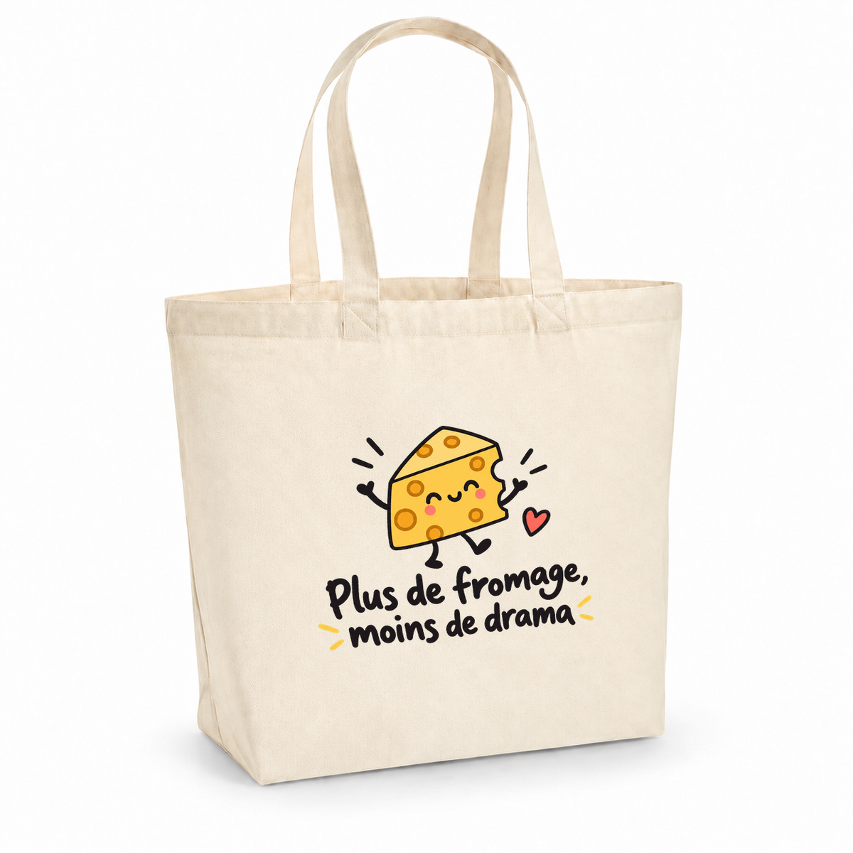 Tote bag « Plus de fromage, moins de drama » Premium, cabas à soufflet en coton naturel 200 g/m² de 18 litres, dessin naïf d'un morceau de fromage qui danse