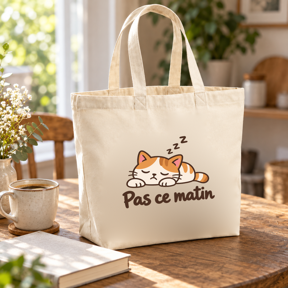 Tote bag « Pas ce matin » Premium posé sur une table, à côté d'une tasse et d'un livre