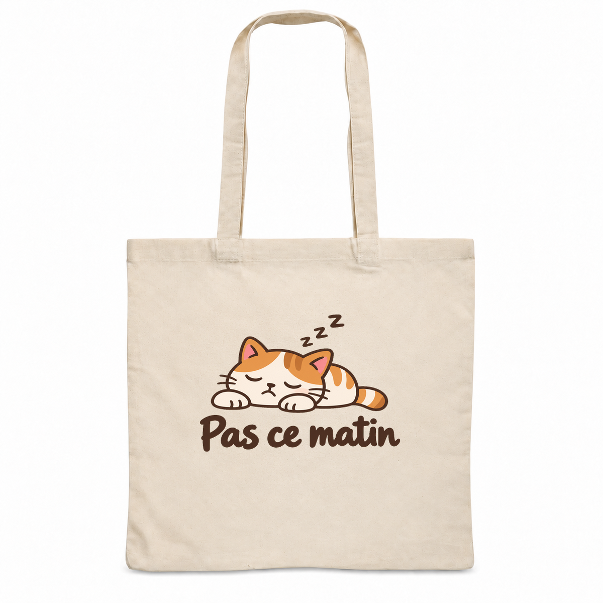 Tote bag « Pas ce matin » Essentiel, sac plat en coton naturel 140 g/m² de 38 × 42 cm, dessin naïf d'un chat roux endormi