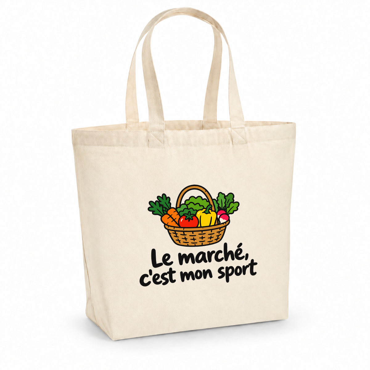 Tote bag « Le marché, c'est mon sport » Premium, cabas à soufflet en coton naturel 200 g/m² de 18 litres, dessin naïf d'un panier de légumes frais